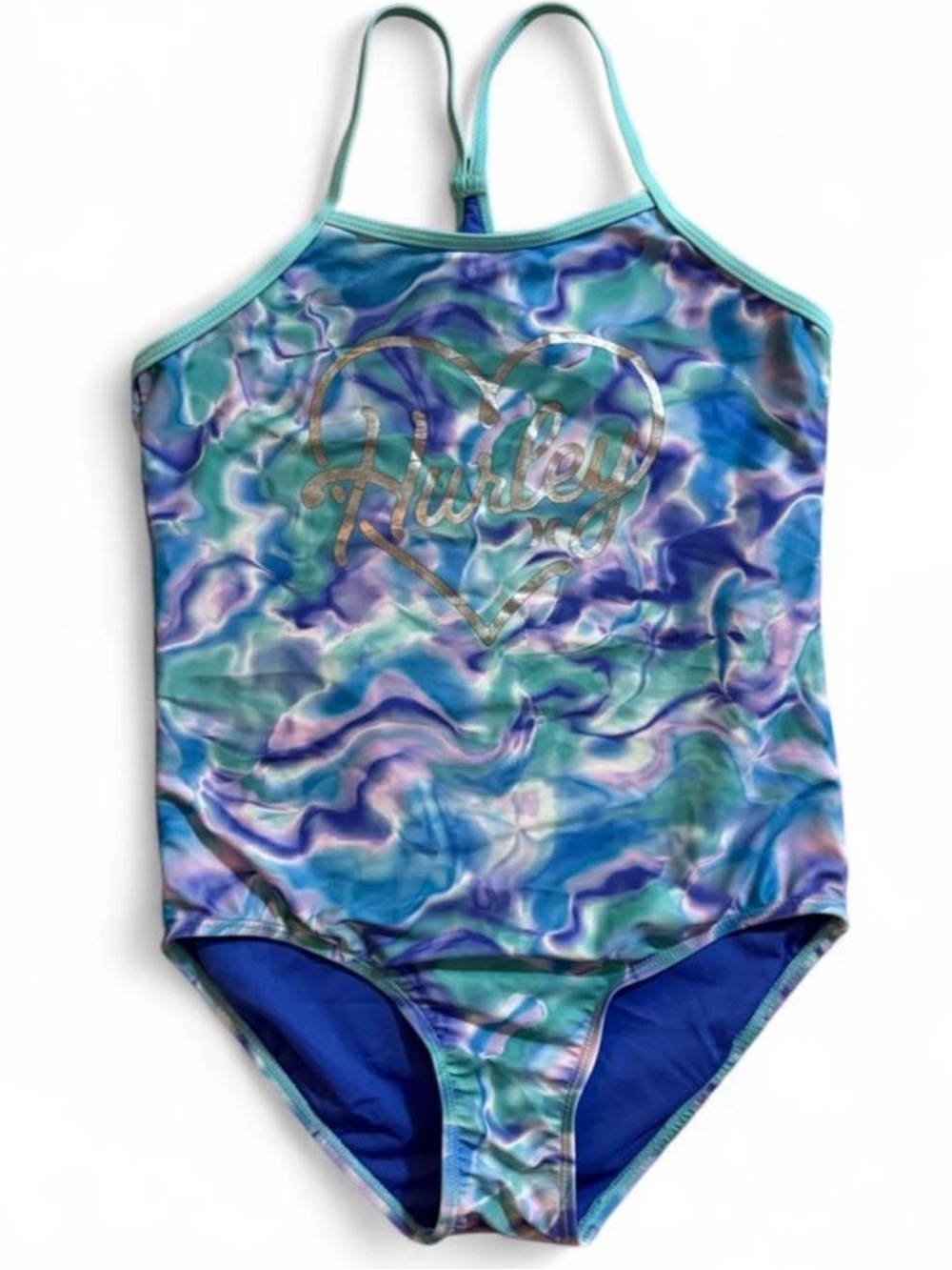 Hurley Girls' Multi Blue Teal Marble One-Piece Swimsuit